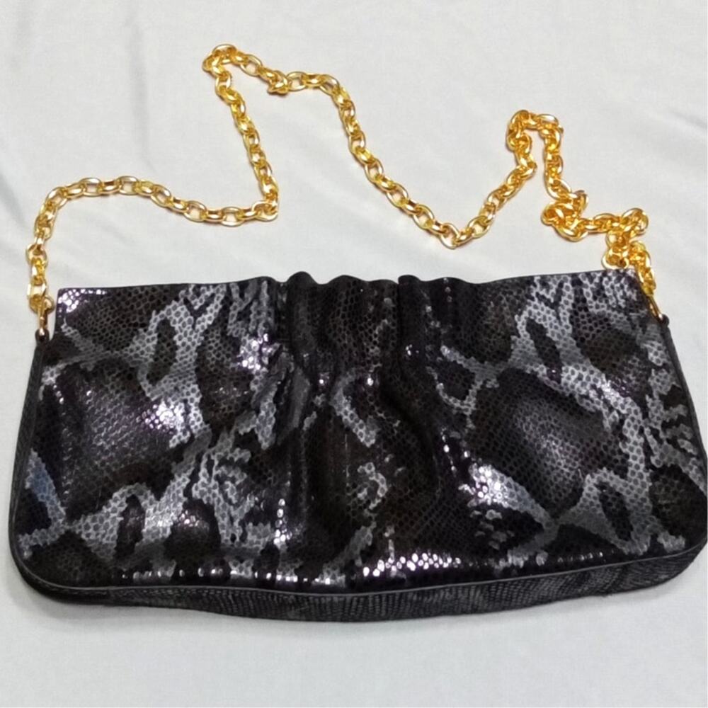 Sabina New York Black Snakeskin Embossed Leather Clutch with Gold Chain
